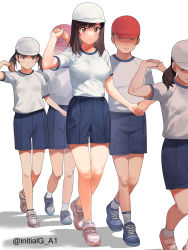 Rule 34 | 3boys, 3girls, a1 (initial-g), baseball cap, blue shorts, breasts, brown hair, commentary request, dancing, full body, gym shirt, gym uniform, hat, highres, holding hands, ichijou hotaru, large breasts, looking at breasts, medium hair, multiple boys, multiple girls, non non biyori, shirt, shirt tucked in, shoes, shorts, size difference, sneakers, solo focus, sports festival, tall female, twitter username, white background