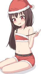 Rule 34 | 1girl, absurdres, bare arms, bare shoulders, belt, belt buckle, black belt, blush, brown hair, buckle, christmas, collarbone, commentary request, fur-trimmed headwear, fur-trimmed shorts, fur trim, hand up, hat, highres, long hair, navel, open mouth, original, pulling own clothes, red eyes, red hat, red shorts, santa costume, santa hat, shadow, short shorts, shorts, sitting, smirk, solo, strap pull, takasuma hiro, very long hair, white background, yokozuwari