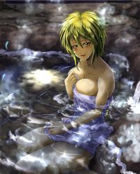 Rule 34 | 1girl, bath, black hair, blonde hair, blush, breasts, cleavage, fang, female focus, futagojima, highres, large breasts, looking at viewer, multicolored hair, naked towel, nude, onsen, open mouth, partially submerged, short hair, sitting, smile, solo, toramaru shou, touhou, towel, two-tone hair, water, wet, yellow eyes