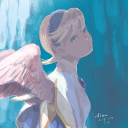 Rule 34 | 1girl, angel wings, blonde hair, breath of fire, breath of fire iv, brooch, closed mouth, dated, dress, feathered wings, hairband, jewelry, looking at viewer, nina (breath of fire iv), short hair, solo, toko (tokkotoritori), very short hair, white wings, wings