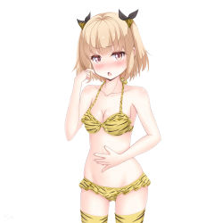 Rule 34 | 1girl, :o, absurdres, animal ears, animal print, black bow, blonde hair, blush, bow, bra, breasts, brown eyes, cleavage, collarbone, cowboy shot, fake animal ears, frilled bra, frilled panties, frills, groin, hair bow, highres, iijima yun, navel, new game!, panties, print bra, print thighhighs, sainohikari, short hair, simple background, small breasts, solo, standing, thigh gap, thighhighs, tiger ears, tiger panties, tiger print, tiger stripes, twintails, underwear, underwear only, white background, yellow bra, yellow panties, yellow thighhighs