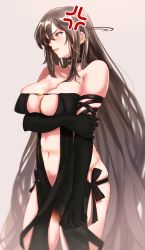 Rule 34 | 1girl, absurdres, anger vein, arm strap, bad id, bad pixiv id, bare shoulders, black dress, black gloves, blush, breasts, brown eyes, brown hair, center opening, choker, cleavage, collarbone, dress, earrings, elbow gloves, fate/grand order, fate (series), gloves, highres, jewelry, large breasts, long hair, looking to the side, multiple earrings, navel, ribbon-trimmed dress, shibao aoyama, solo, tearing up, thighs, very long hair, yu mei-ren (fate)