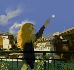 Rule 34 | 1girl, arm up, azigashimitoru, bag, black jacket, blonde hair, blue eyes, bridge, building, cloud, commentary, day, dock, flower, from side, grass, handbag, jacket, long hair, original, outdoors, pointing, power lines, railing, scenery, ship, sky, solo, standing, town, transparent, upper body, water, watercraft