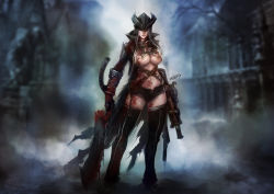 Rule 34 | 1girl, bangbez, blood, blood stain, bloodborne, breasts, cleaver, gun, hat, highres, hunter (bloodborne), long hair, navel, short shorts, shorts, solo, stomach, thighhighs, underboob, weapon