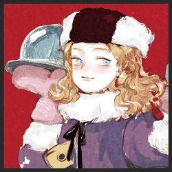 Rule 34 | 1girl, ace attorney, arm up, black border, black ribbon, blonde hair, blue eyes, blush, border, closed mouth, coat, curly hair, fur-trimmed coat, fur hat, fur scarf, fur trim, hat, holding, holding tray, long sleeves, looking at viewer, medium hair, mittens, neck ribbon, olga orly, pink mittens, purple coat, red background, ribbon, scarf, serving dome, solo, tray, two-tone headwear, white scarf, zhengyidehaoyoulu