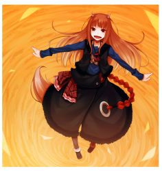 Rule 34 | 1girl, :d, absurdres, animal ears, ayakura juu, brown hair, fur trim, highres, holo, leaf, long hair, open mouth, outstretched arms, pouch, red eyes, sash, scan, skirt, smile, solo, spice and wolf, tail, vest, wolf ears, wolf tail