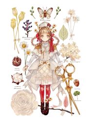 Rule 34 | 1girl, acorn, black footwear, boots, bow, braid, brown eyes, brown hair, bug, butterfly, capelet, closed mouth, daisy, dot mouth, flower, hair bow, hair flower, hair ornament, hair rings, highres, holding, holding flower, insect, long bangs, long hair, long skirt, long sleeves, looking at viewer, niwa haruki, ofuda, original, pantyhose, red bow, red pantyhose, scissors, shirt, skirt, solo, straight-on, twin braids, white capelet, white flower, white shirt, white skirt