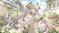 Rule 34 | 1girl, armlet, blue sky, blush, breasts, building, cloud, copyright name, day, dream catcher, flower, grey eyes, hair between eyes, hair ornament, highres, holding, jewelry, lamia (punishing: gray raven), leaf hair ornament, logo, long hair, navel, official alternate costume, official art, pointy ears, punishing: gray raven, second-party source, sky, solo, tattoo, white flower, white hair, yellow flower