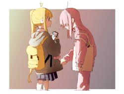 Rule 34 | 2girls, ahoge, backpack, bag, blonde hair, blue skirt, bocchi the rock!, border, cellphone, commentary request, cowboy shot, cropped legs, d3g takahashi, detached ahoge, gotoh hitori, grey jacket, holding, holding phone, ijichi nijika, jacket, long hair, looking at another, male focus, multiple girls, one side up, phone, pink hair, pink track suit, pleated skirt, school uniform, shoulder bag, side ponytail, sidelocks, skirt, smartphone, very long hair, white border, yellow bag, yuri