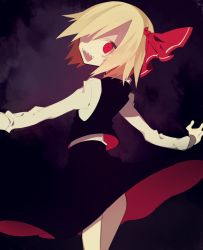 Rule 34 | 1girl, bad id, bad twitter id, blonde hair, from behind, hair over one eye, hair ribbon, higa423, long sleeves, looking at viewer, looking back, open mouth, purple background, red eyes, ribbon, rumia, sharp teeth, shirt, short hair, skirt, skirt set, smile, solo, teeth, touhou, upskirt, vest