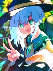 Rule 34 | 1girl, :d, black hat, blouse, buttons, commentary, diamond button, flower, frilled shirt collar, frilled sleeves, frills, green eyes, hair between eyes, hand up, hat, hat ribbon, highres, komeiji koishi, leaf, light green hair, long sleeves, looking at viewer, medium hair, open mouth, ribbon, shirt, smile, solo, suisa (mizsai), sunflower, third eye, touhou, upper body, v, wide sleeves, yellow ribbon, yellow shirt