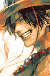 Rule 34 | 1boy, artist name, bead necklace, beads, black hair, closed eyes, freckles, grin, happy, hat, highres, jewelry, male focus, necklace, one piece, portgas d. ace, portrait, short hair, smile, solo, tsuyomaru, twitter username, watermark