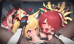 3girls absurdres animal_ear_fluff animal_ears arknights arms_behind_back artist_collaboration black_gloves black_pantyhose blonde_hair breasts censored commentary dashed_eyes detached_wings exusiai_(arknights) fellatio fingerless_gloves futa_with_female futanari futanari_pov gag gagged gloves group_sex half-closed_eyes halo heart highres large_variant_set long_sleeves master117 medium_breasts mosaic_censoring multiple_girls nipples open_mouth oral pantyhose penis pov pov_crotch pov_hands purple_eyes red_eyes red_hair ring_gag shibari short_hair smlltb sora_(arknights) tearing_up testicles texas_(arknights) threesome tongue tongue_out torn_clothes torn_pantyhose variant_set wings wolf_ears wolf_girl yellow_halo