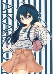Rule 34 | 1girl, absurdres, akatsuki (kancolle), alternate costume, bag, bangle, blue hair, blush, bow, bracelet, breasts, brown bow, brown skirt, casual, character name, closed mouth, collarbone, commentary request, cowboy shot, hair between eyes, hand up, handbag, head tilt, highres, jewelry, kantai collection, long hair, long sleeves, necklace, orange skirt, pleated skirt, purple eyes, shirt, shoulder bag, sidelocks, skirt, small breasts, smile, solo, striped background, striped clothes, striped shirt, uzuki tsukuyo, vertical stripes, white shirt, wide sleeves