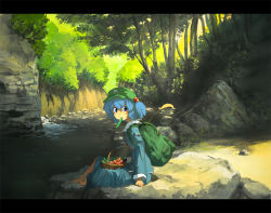 Rule 34 | 1girl, backpack, bad id, bad pixiv id, bag, barefoot, basket, blue eyes, blue hair, cattail, cucumber, day, female focus, food, forest, green hat, hair bobbles, hair ornament, hat, kawashiro nitori, key, letterboxed, matching hair/eyes, mouth hold, nature, plant, randoseru, river, scenery, short hair, sitting, skirt, skirt set, solo, tomato, touhou, twintails, two side up, vegetable, you (shimizu)