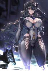 Rule 34 | 1girl, belt, black-framed eyewear, black belt, black gloves, black hair, black neckwear, breasts, brown eyes, cleavage, clenched hand, clothing cutout, collared shirt, commentary request, curvy, gloves, hair between eyes, head on hand, highres, large breasts, long hair, ookuma nekosuke, original, pants, parted lips, shirt, solo, standing, thick thighs, thigh cutout, thighs