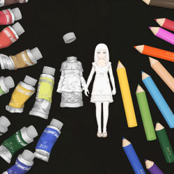 Rule 34 | 1girl, black background, colored pencil, crayon, dress, expressionless, grey eyes, highres, looking at viewer, original, paint, pencil, personification, simple background, standing, white dress, white hair, yajirushi (chanoma)