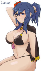 Rule 34 | 1girl, absurdres, bikini, black bikini, blue eyes, blue hair, breasts, byleth (female) (fire emblem), byleth (fire emblem), cape, cleavage, fire emblem, fire emblem: three houses, fire emblem heroes, flower, hand on own head, highres, in2naps, large breasts, medium hair, nintendo, official alternate costume, ponytail, serious, simple background, swimsuit, thighs, wet