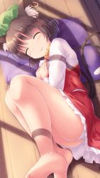 Rule 34 | 1girl, :3, animal ear fluff, animal ears, bare shoulders, blush, brown hair, cat ears, cat tail, chen, closed eyes, fetal position, hat, highres, lying, lzh, mob cap, multiple tails, on side, panties, pantyshot, short hair, solo, tail, touhou, two tails, underwear