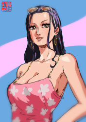 Rule 34 | 1girl, absurdres, aliasartworks, black hair, blue background, blurry border, breasts, brown eyes, camisole, cleavage, commentary, earrings, english commentary, eyelashes, eyewear on head, floral print, from side, highres, jewelry, large breasts, long hair, looking to the side, nico robin, official alternate costume, one piece, pink background, pink camisole, pink lips, sidelocks, simple background, solo, upper body