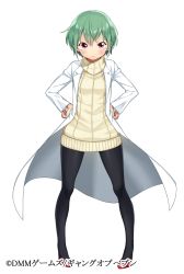 Rule 34 | &gt;:&lt;, 1girl, :&lt;, bad id, bad pixiv id, blush, character request, chino ukana, closed mouth, dress, frown, gang of heaven, green hair, hands on own hips, high heels, lab coat, looking at viewer, official art, pantyhose, pigeon-toed, purple eyes, red footwear, shoes, short hair, simple background, solo, sweater, sweater dress, turtleneck, v-shaped eyebrows, white background