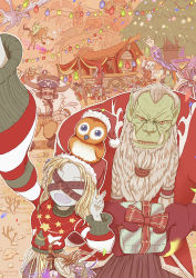 Rule 34 | 2girls, 6+boys, artist name, belt, blindfold, blonde hair, character request, christmas, christmas lights, christmas ornaments, closed mouth, dahuang, dated, fang, hat, long hair, looking at another, looking at viewer, looking away, multiple boys, multiple girls, open mouth, orc, red hat, reindeer, santa costume, santa hat, signature, smile, sweater, tauren (warcraft), v, warcraft, world of warcraft
