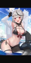 Rule 34 | 1girl, absurdres, adapted costume, armpits, arms up, bikini, black bikini, black collar, black gloves, black hair, blue sky, blush, bow, braid, breasts, cleavage, cloud, cloudy sky, collar, contrail, contrapposto, cowboy shot, cowlick, fingerless gloves, french braid, gloves, grey hair, hair ornament, heart collar, heart o-ring, highres, hololive, inflatable orca, inflatable toy, large breasts, lens flare, letterboxed, long hair, long sleeves, looking at viewer, medium hair, multi-strapped bikini, multicolored hair, navel, o-ring, o-ring bikini, official alternate hairstyle, open clothes, open mouth, open shirt, plaid, plaid bow, pool, red bikini, red bow, red eyes, sakamata chloe, shirt, side-tie bikini bottom, single braid, sky, smile, solo, standing, stomach, straddling, straight hair, string bikini, swimsuit, teeth, tojo aoi, two-tone hair, upper teeth only, virtual youtuber, wading, water drop, waving, white shirt, x hair ornament