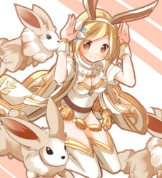Rule 34 | 10s, 1girl, alternate costume, animal, animal ears, arms up, belt, blonde hair, blush, breasts, brown eyes, bunny ears gesture, cape, cleavage, cleavage cutout, closed mouth, clothing cutout, djeeta (granblue fantasy), dutch angle, eyebrows, eyes visible through hair, fake animal ears, flower, from side, full body, granblue fantasy, hair flower, hair ornament, hairband, hands up, kneeling, leotard, light smile, looking at viewer, medium breasts, outline, rabbit, rabbit ears, rabbit pose, sage (granblue fantasy), shiro (kiron), short hair, short sleeves, smile, solo, swept bangs, thighhighs, turtleneck, white cape, white leotard, white thighhighs, wrist cuffs