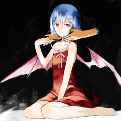 Rule 34 | 1girl, bare shoulders, barefoot, blue hair, chemise, darkness, disembodied hand, feet, female focus, kneeling, light smile, ogawa maiko, pale skin, red eyes, remilia scarlet, short hair, sitting, solo, touhou, wariza, wings