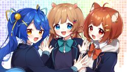 Rule 34 | 3girls, :d, ahoge, amamiya kokoro, animal ears, bell, black jacket, blazer, blue bow, blue eyes, blue hair, blue ribbon, blush, bow, brown eyes, brown hair, collared shirt, deer ears, drawstring, eli conifer, fang, grey jacket, hair bell, hair ornament, hair ribbon, hairclip, holding hands, hood, hood down, hooded jacket, jacket, jingle bell, long hair, long sleeves, looking at viewer, looking to the side, low twintails, multiple girls, nijisanji, open clothes, open jacket, open mouth, palms together, ratna petit, red bow, red panda ears, red ribbon, ribbon, shirt, sleeves past wrists, smile, sweater vest, twintails, upper body, virtual youtuber, white shirt, x hair ornament, yamabukiiro, yellow ribbon