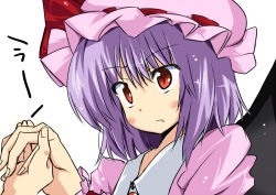 Rule 34 | 1girl, bad id, bad pixiv id, blush, fang, female focus, hat, holding hands, purple hair, red eyes, remilia scarlet, short hair, solo focus, touhou, wata, white background, wings
