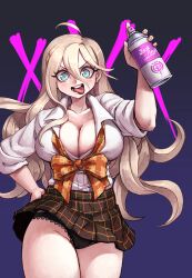 Rule 34 | 1girl, ahoge, artist name, black panties, blonde hair, blue eyes, breasts, cleavage, constricted pupils, danganronpa (series), danganronpa v3: killing harmony, hair ornament, hairclip, hand on own hip, highres, iruma miu, junkpuyo, large breasts, long hair, looking at viewer, loose neckwear, neck ribbon, no bra, open clothes, open mouth, open shirt, panties, pantyshot, plaid, plaid skirt, pleated skirt, purple background, resized, ribbon, school uniform, skirt, sleeves rolled up, solo, spray can, standing, tongue, tongue out, underwear