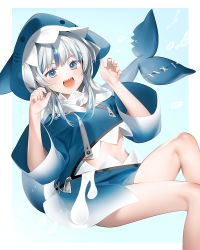 Rule 34 | 1girl, :d, animal hood, bad id, bad pixiv id, bare legs, blue eyes, blue hair, blue hoodie, blush, commentary request, feet out of frame, fins, fish tail, gawr gura, hands up, hololive, hololive english, hood, hood up, hoodie, long hair, long sleeves, looking at viewer, mannermana, midriff, multicolored hair, open mouth, shark hood, shark tail, sharp teeth, silver hair, smile, solo, streaked hair, tail, teeth, upper teeth only, virtual youtuber, wide sleeves