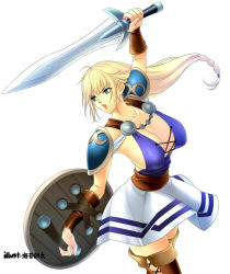 Rule 34 | 1girl, blonde hair, boots, breasts, cleavage, large breasts, long hair, noriheita, shield, sideboob, simple background, solo, sophitia alexandra, soul calibur, soulcalibur, soulcalibur ii, sword, thigh boots, thighhighs, weapon, white background