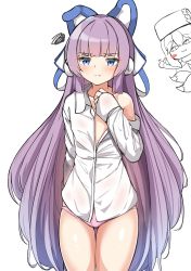 Rule 34 | 2girls, :t, absurdres, azur lane, blue eyes, chibi, closed mouth, collared shirt, commentary request, dress shirt, fox tail, fur hat, gluteal fold, hair between eyes, hand up, hat, highres, long hair, long sleeves, looking at viewer, moyoron, multiple girls, murmansk (azur lane), no pants, panties, pink panties, pout, purple hair, shirt, sleeves past wrists, solo focus, squiggle, standing, tail, tashkent (azur lane), tashkent (the blue snoozer) (azur lane), thigh gap, underwear, very long hair, white shirt