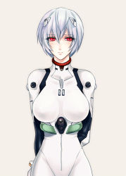 Rule 34 | 1girl, arms behind back, ayanami rei, bad id, bad pixiv id, blue hair, breasts, haze00, impossible clothes, interface headset, large breasts, neon genesis evangelion, plugsuit, red eyes, short hair, solo