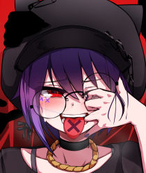 Rule 34 | 1girl, 5danny1206, absurdres, artist name, black choker, black hat, black nails, blush, character request, choker, collarbone, copyright request, eyes visible through hair, glasses, gradient background, hand up, hat, highres, jewelry, looking at viewer, mouth pull, nail polish, necklace, one eye closed, open mouth, paperclip, portrait, purple hair, red background, red eyes, round eyewear, short hair, simple background, solo, tears, teeth, tongue, tongue out