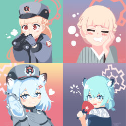 Rule 34 | 2girls, :o, = =, absurdres, animal ears, aqua hair, aqua nails, binoculars, blonde hair, blue archive, blue eyes, blunt bangs, blush stickers, braid, coat, dated, drooling, flask, french braid, from behind, gloves, gradient eyes, grey coat, grey gloves, grey headwear, grey jacket, grey kimono, grin, hair ornament, hairclip, halo, hand fan, hand on own cheek, hand on own face, heart, highres, holding, holding fan, holding flask, jacket, japanese clothes, johnlim, kimono, long hair, looking at viewer, low twintails, medium hair, multicolored eyes, multiple girls, multiple views, nail polish, nodoka (blue archive), nodoka (hot spring) (blue archive), official alternate costume, official alternate hairstyle, open mouth, paper fan, purple eyes, shigure (blue archive), shigure (hot spring) (blue archive), smile, straight-on, twintails, upper body, v-shaped eyebrows, weasel ears, yagasuri