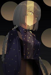 Rule 34 | 1girl, absurdres, black background, blue robe, breasts, crack of light, grey hair, highres, leglet4, light, long braid, looking at viewer, medium breasts, original, robe, simple background, solo, standing, star (symbol), star print, yellow eyes