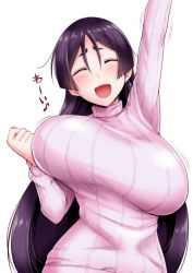 Rule 34 | 1girl, :d, ^ ^, alternate costume, arm up, blush, bouncing breasts, breasts, casual, closed eyes, facing viewer, fate/grand order, fate (series), hair between eyes, happy, highres, kanno takanori, large breasts, long hair, long sleeves, minamoto no raikou (fate), motion lines, musical note, open mouth, parted bangs, pink sweater, purple hair, quaver, short eyebrows, simple background, smile, solo, straight hair, sweater, translated, unaligned breasts, upper body, very long hair, white background