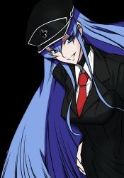 Rule 34 | 10s, 1girl, akame ga kill!, blue hair, breasts, esdeath, hat, large breasts, long hair, looking at viewer, standing, stitched, tattoo, third-party edit, uniform