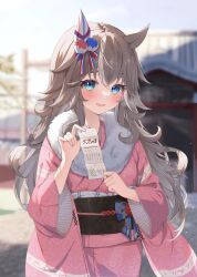 Rule 34 | 1girl, alternate costume, animal ears, blue eyes, blurry, blurry background, blush, commentary request, etesumsom, grey hair, hair ornament, hatsumoude, heavy breathing, highres, horse ears, horse girl, japanese clothes, kimono, looking at viewer, new year, shrine, solo, thick eyebrows, umamusume, wonder acute (umamusume)
