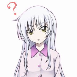 Rule 34 | 10s, 1girl, ?, angel beats!, female focus, gradient background, head tilt, long hair, pajamas, silver hair, solo, tenshi (angel beats!), touryou, white background, yellow eyes