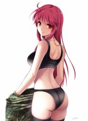 Rule 34 | 1girl, black bra, black panties, black thighhighs, bra, camouflage, dressing, jewelry, long hair, looking back, milcho, necklace, original, panties, red eyes, red hair, scar, signature, simple background, solo, tank top, thighhighs, underwear, white background