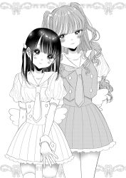 Rule 34 | 2girls, angel wings, arms behind back, blush, buttons, closed mouth, double-breasted, fake wings, fingernails, greyscale, hair ornament, head tilt, high-waist skirt, highres, kawai rou, long hair, looking at viewer, low wings, miniskirt, monochrome, multiple girls, necktie, oshi ga imouto ni narimashite, pleated skirt, school uniform, serafuku, skirt, smile, thigh gap, thighhighs, two side up, wings, wrist cuffs