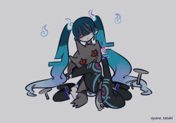 Rule 34 | 1girl, artist name, bags under eyes, banette, black sleeves, black thighhighs, blue hair, colored skin, creatures (company), detached arm, detached legs, detached sleeves, full body, game freak, gen 3 pokemon, ghost miku (project voltage), glitch, gradient hair, grey background, grey hair, grey skin, hair between eyes, hammer, hatsune miku, highres, holding, holding hammer, holding pokemon, long hair, looking at viewer, multicolored hair, nail, nintendo, oniku (oyano tataki), pokemon, pokemon (creature), print sleeves, project voltage, red eyes, shaded face, sitting, sleeves past fingers, sleeves past wrists, smile, thighhighs, twintails, very long hair, vocaloid, wariza, yellow eyes