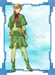 Rule 34 | 1girl, aqua background, blue background, boots, broken-land, character name, elf, full body, gensou suikoden, gensou suikoden iv, green eyes, green headband, green shirt, green skirt, green thighhighs, headband, looking to the side, orange hair, parted lips, paula (suikoden), pointy ears, red ribbon, ribbon, scabbard, sheath, sheathed, shirt, shoes, short hair, skirt, solo, standing, sword, thighhighs, weapon