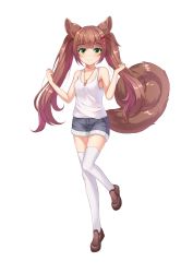 Rule 34 | 1girl, animal ears, blush, brown hair, closed mouth, denim, denim shorts, full body, green eyes, hair ornament, hairclip, highres, kemo (pokka), long hair, looking at viewer, original, shorts, simple background, smile, solo, squirrel ears, squirrel tail, tail, thighhighs, transparent background, twintails, white background, white thighhighs