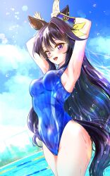 Rule 34 | 1girl, absurdres, alternate costume, animal ears, armpits, arms up, black hair, blue eyes, blue hair, blurry, blurry background, blush, breasts, cloud, competition swimsuit, covered navel, dark blue hair, hair between eyes, hair ornament, highres, horse ears, horse girl, kakikakilemon, long hair, medium breasts, one-piece swimsuit, open mouth, pool, sky, solo, swimsuit, umamusume, verxina (racehorse), wet