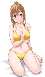 Rule 34 | 1girl, alternate hairstyle, barefoot, bed sheet, bikini, blush, breasts, brown eyes, brown hair, closed mouth, collarbone, commentary request, full body, hair between eyes, hand up, highres, kunikida hanamaru, large breasts, looking at viewer, love live!, love live! sunshine!!, navel, ponytail, side-tie bikini bottom, sidelocks, simple background, sitting, smile, solo, stomach, swimsuit, thighs, toes, white background, yellow bikini, yopparai oni